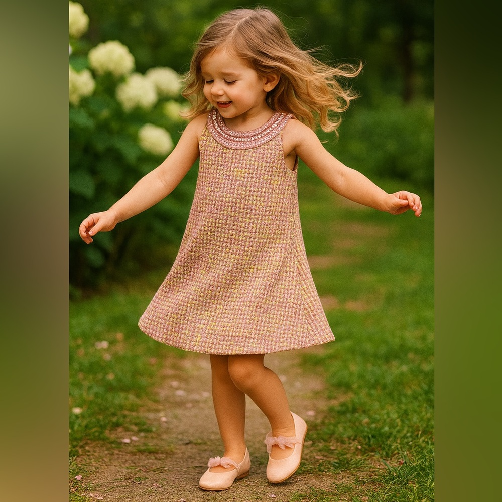 Us Angels Pink and Yellow Embellished Tweed Formal Kids Dress 22” Length
